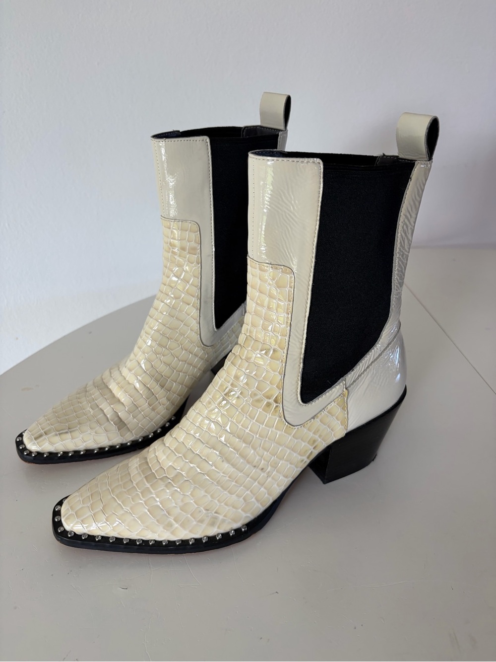 Dolce Vita Sabern Booties In Eggshell Croc Embossed Patent Leather Studded Boots